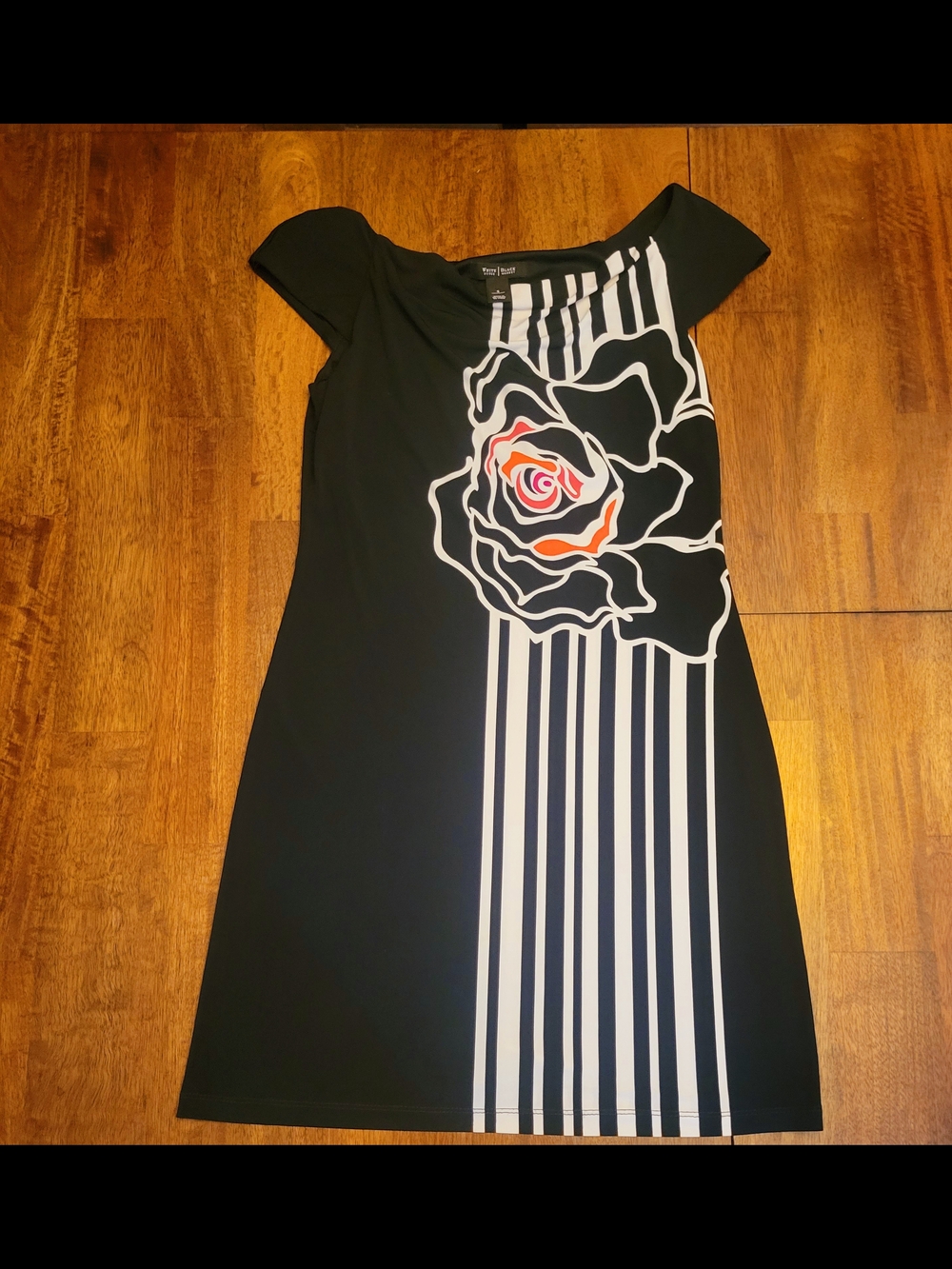 White House Black Market Black Midi Dress with Floral Stripe Detail